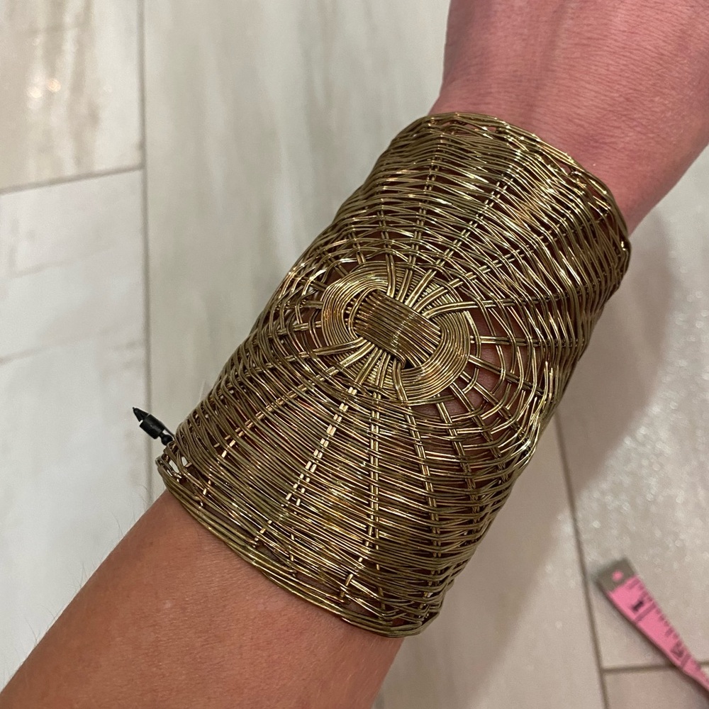 NWT Gold-tone Basketweave Cuff Long Statement Bracelet, one size fits most